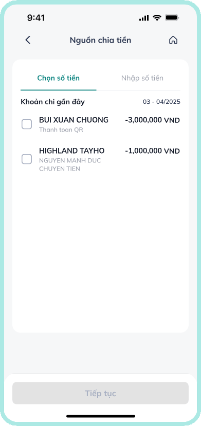 ALTERNATIVE waySplit an expense from transaction historyThe feature allows users to select previous transfers from transaction history to split later, which is especially useful wh