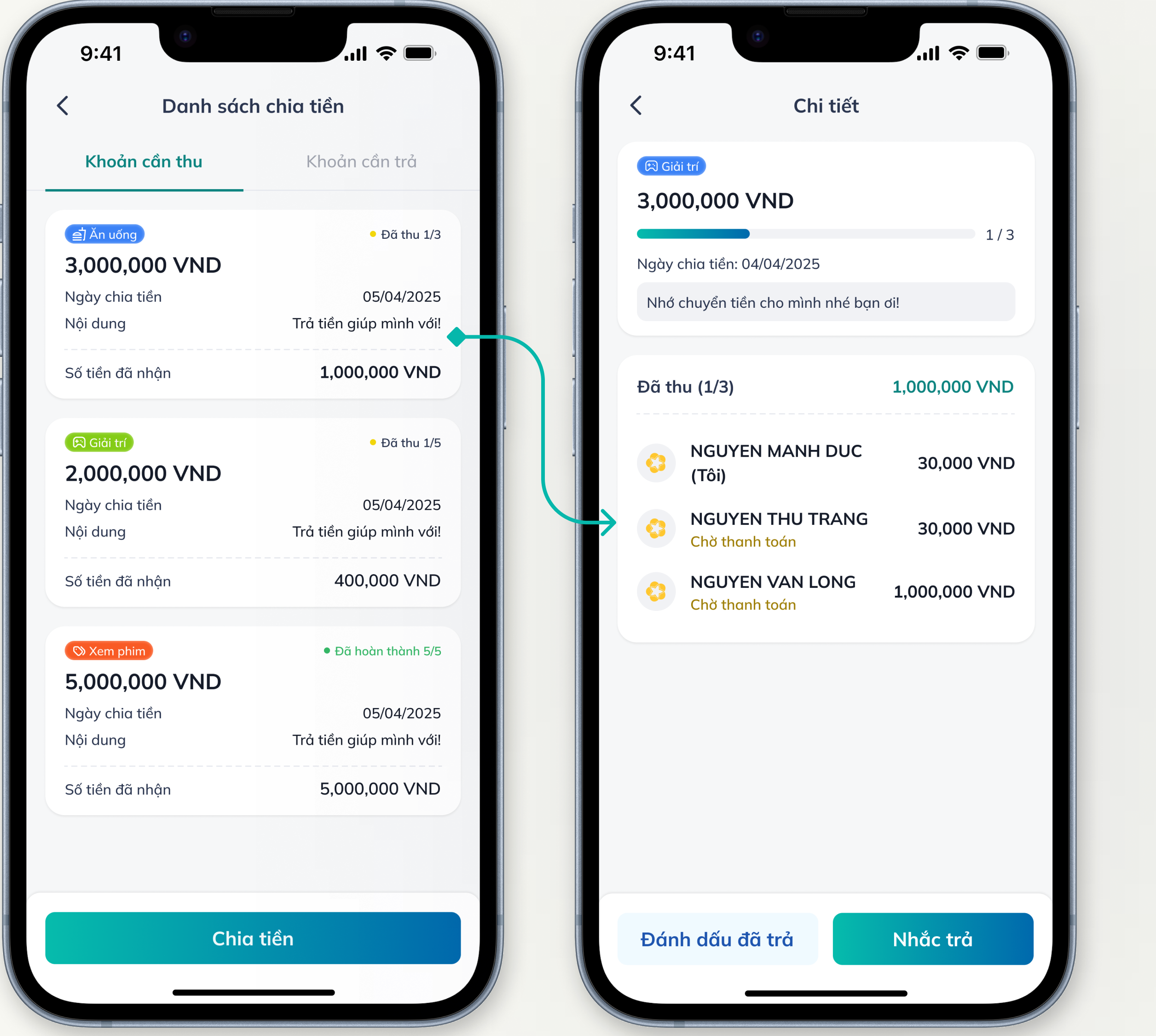 Manage all “Money to Collect”Users can view the list of expenses they have split, tagged by spending category (such as dining, entertainment, shopping). Each expense shows the amou