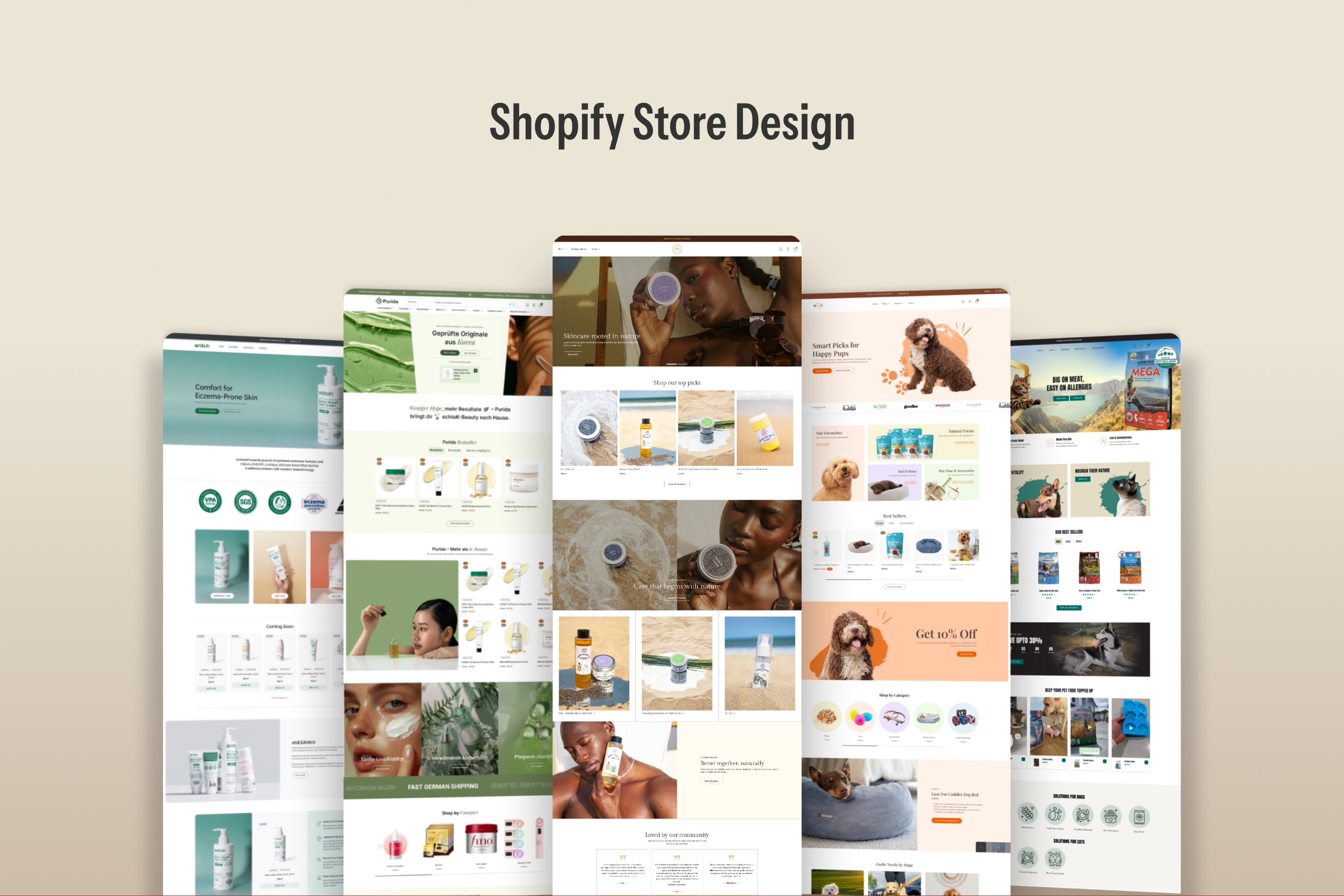 Fanned-out storefront pages of several Shopify brands under the title “Shopify E-commerce Design”
